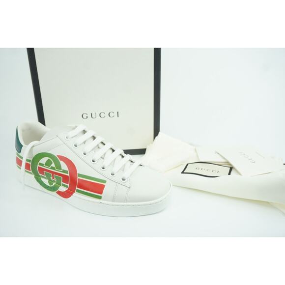 Gucci White Leather Ace Green Red GG Logo Low Top Sneakers SZ 34.5 Lace Up - Picture 1 of 12